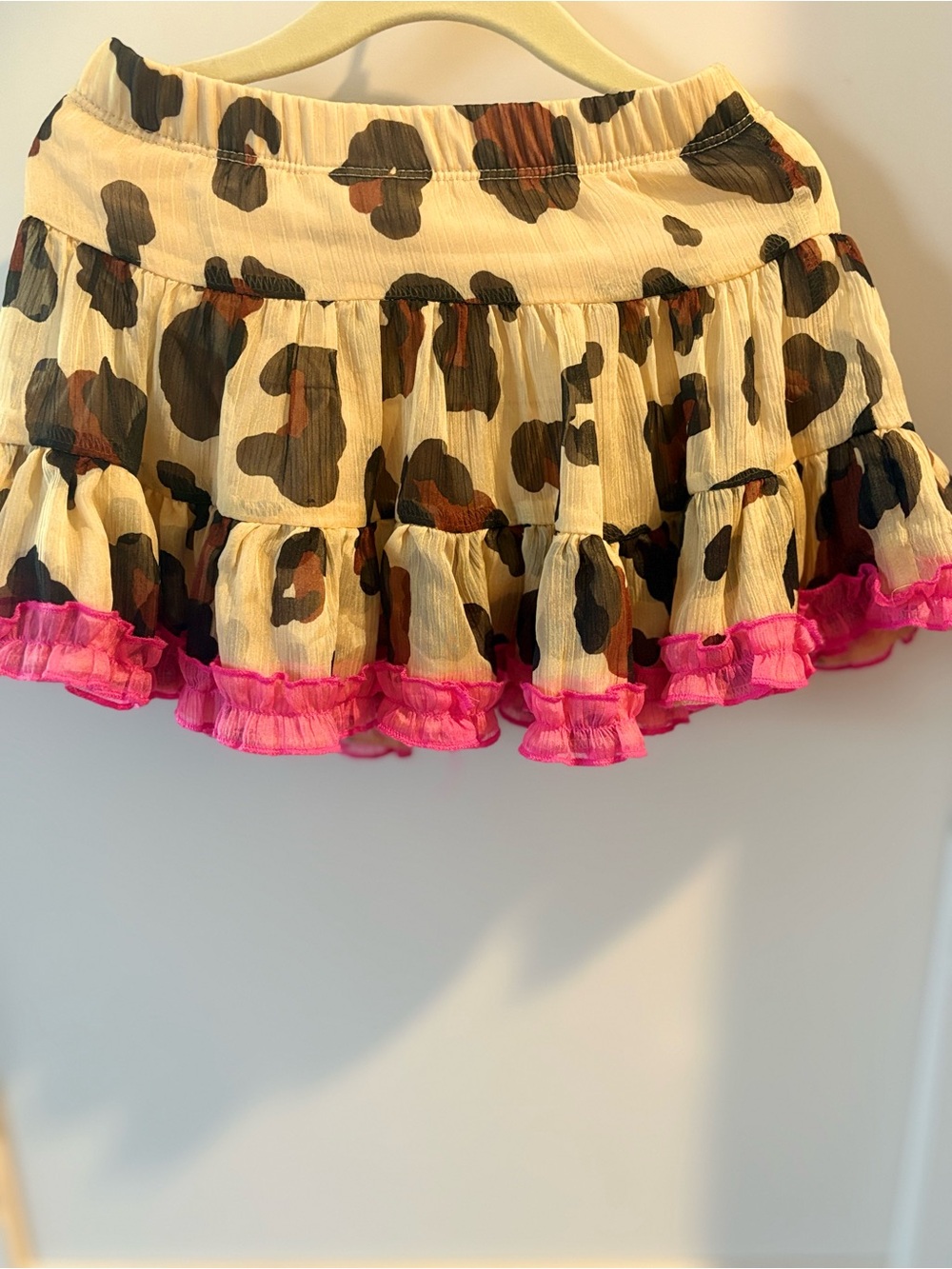 Harajuku Lovers Cream Leopard Print Tiered Skirt with Hot Pink Ruffle Trim